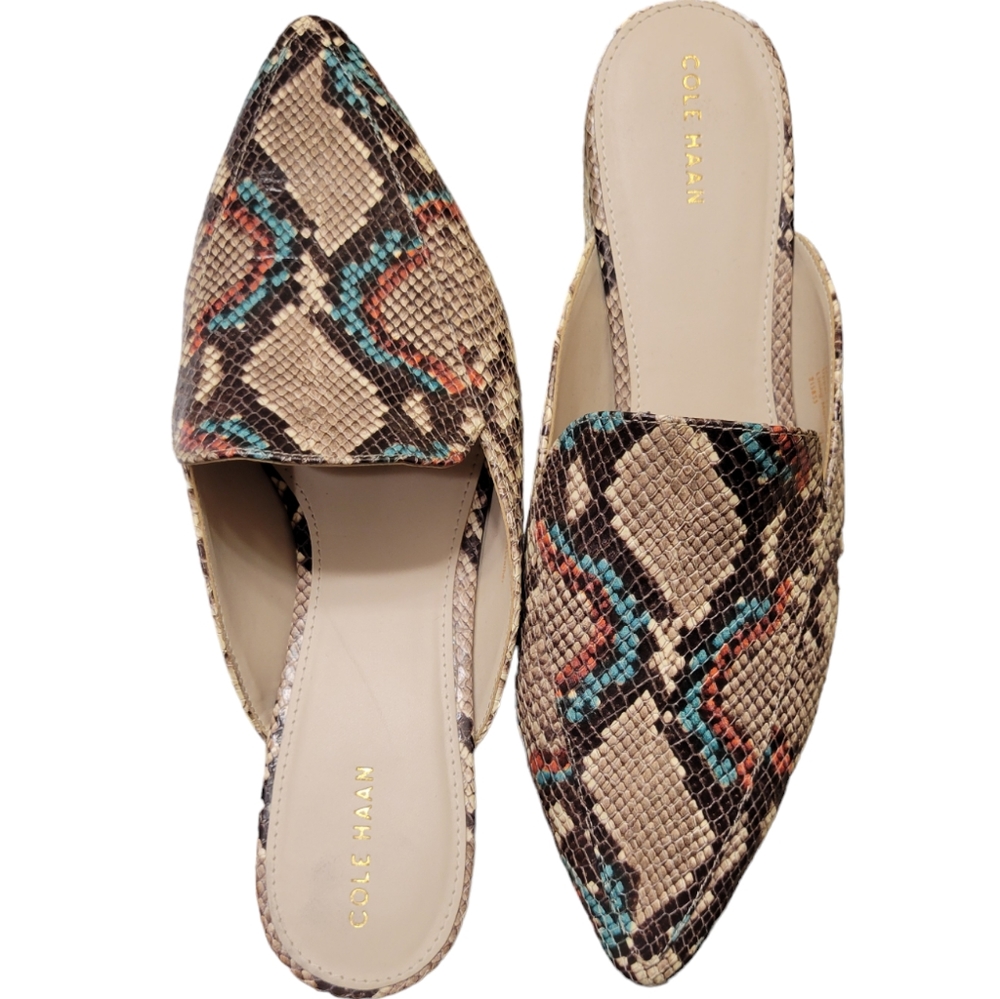 Cole Haan Beige Snake-Print Pointed Mules with Teal & Rust Accents